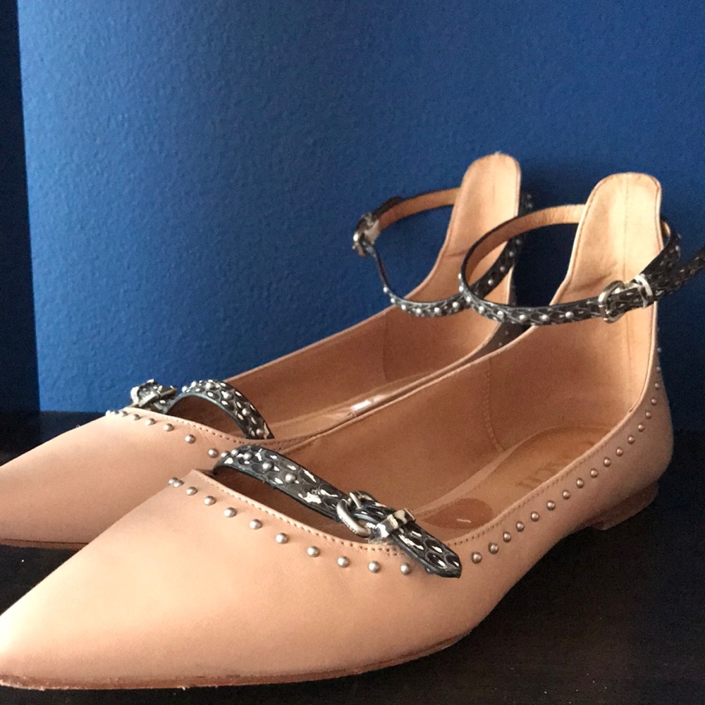 COACH Leather Studded Ankle Strap Flats